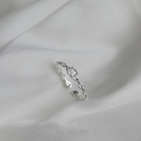 Pure Silver Square Diamond Plain Ring Women's Open Ring Simple Personality Chain Ring - Image 2