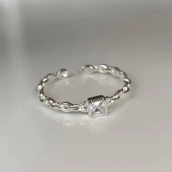 Pure Silver Square Diamond Plain Ring Women's Open Ring Simple Personality Chain Ring - Image 4