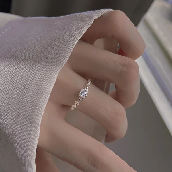 Pure Silver Square Diamond Plain Ring Women's Open Ring Simple Personality Chain Ring - Image 5