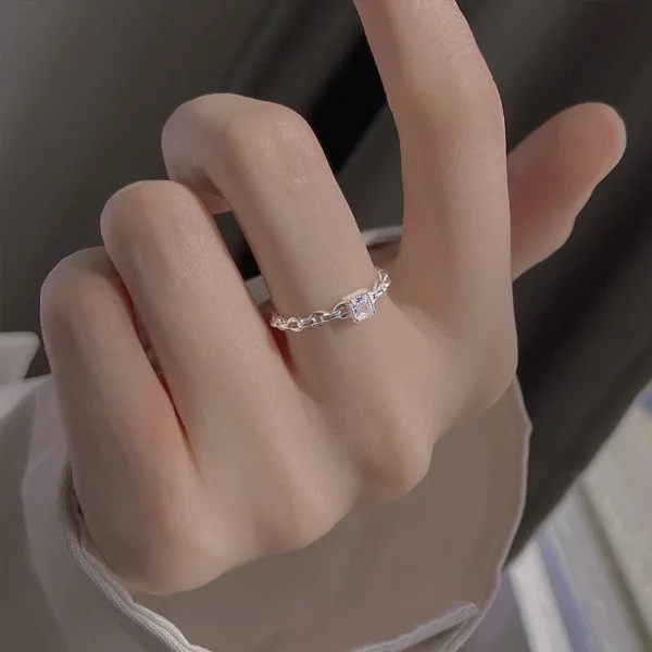 Pure Silver Square Diamond Plain Ring Women's Open Ring Simple Personality Chain Ring - Image 6