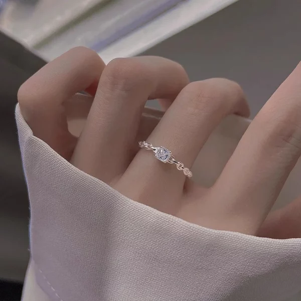 Pure Silver Square Diamond Plain Ring Women's Open Ring Simple Personality Chain Ring